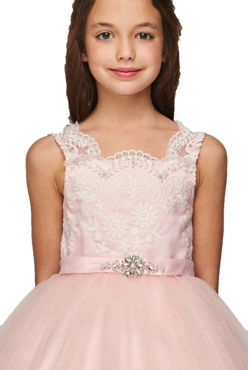 Flower girl  Elegant pearl beaded lace top with rhinestone brooch on satin waist ribbon