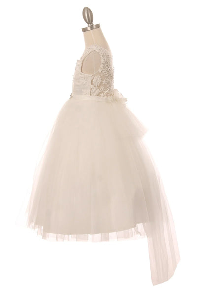 Flower girl  Elegant pearl beaded lace top with rhinestone brooch on satin waist ribbon