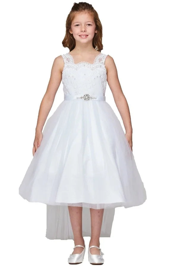 Flower girl  Elegant pearl beaded lace top with rhinestone brooch on satin waist ribbon