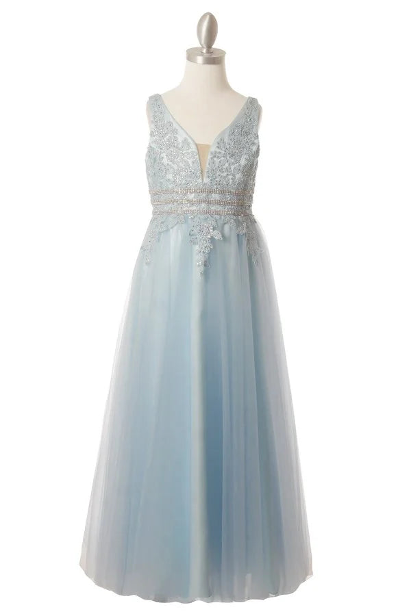 Girl elegant AB stone lace floor length tulle dress with satin lining