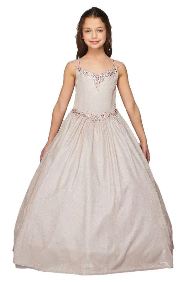 Girl elegant metallic two tone colored floor length dress with tulle cap sleeves, hand crafted rhinestones and sequins beaded on neckline and waistline