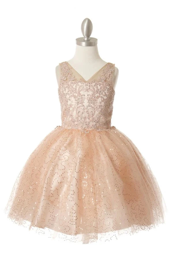 Girl elegant V neck embroidered beaded party dress with sequin tulle skirt