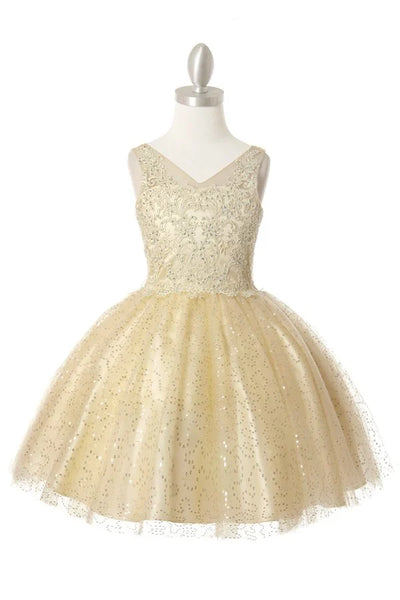 Girl elegant V neck embroidered beaded party dress with sequin tulle skirt