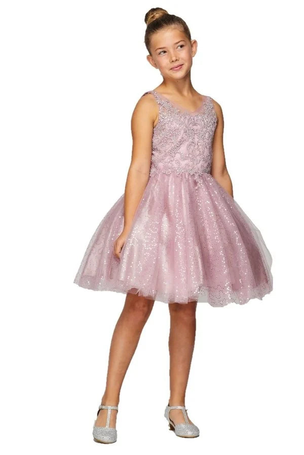 Girl elegant V neck embroidered beaded party dress with sequin tulle skirt