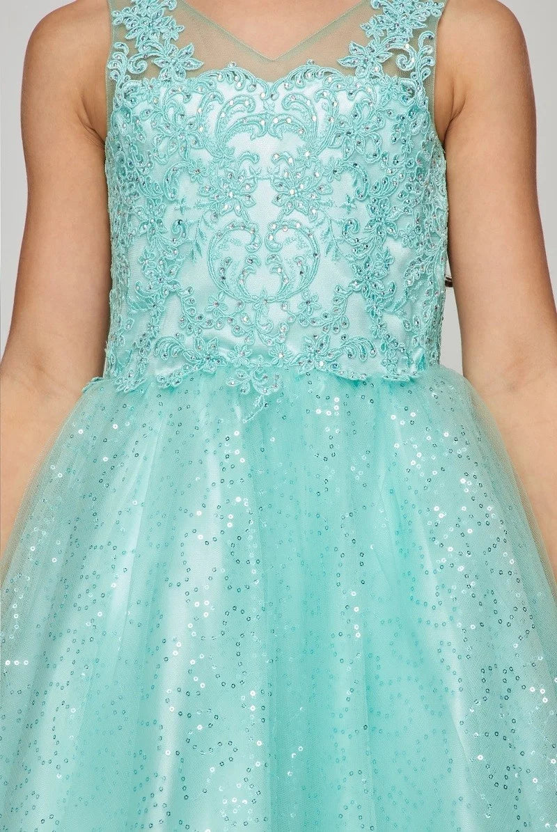 Girl elegant V neck embroidered beaded party dress with sequin tulle skirt