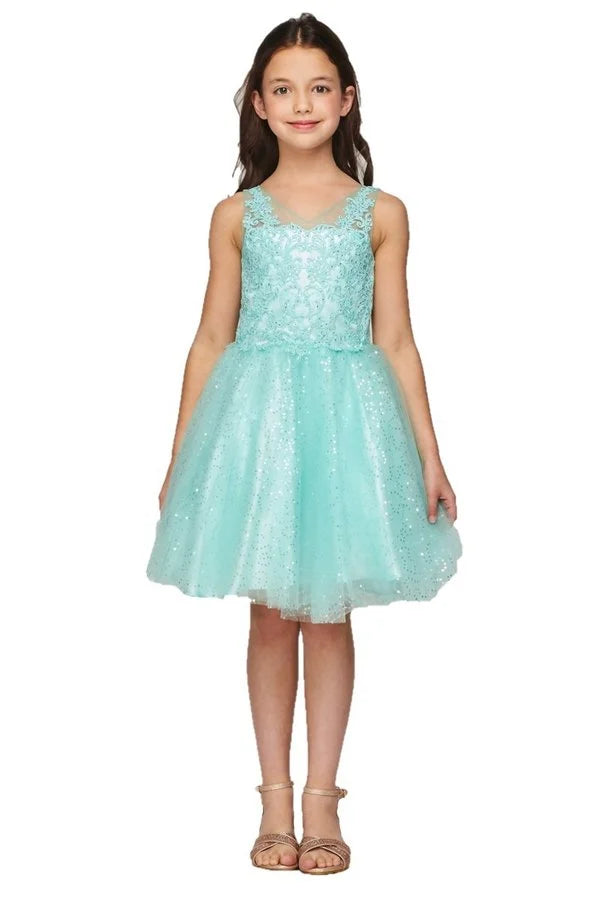 Girl elegant V neck embroidered beaded party dress with sequin tulle skirt