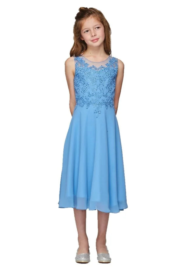 Girl rhinestone colored lace with chiffon T-length dress with invisible zipper back