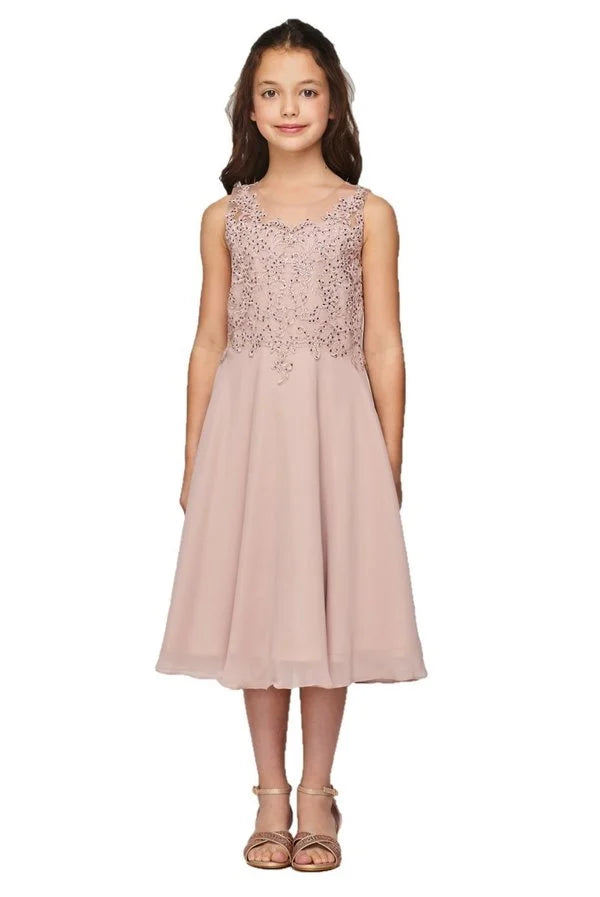 Girl rhinestone colored lace with chiffon T-length dress with invisible zipper back