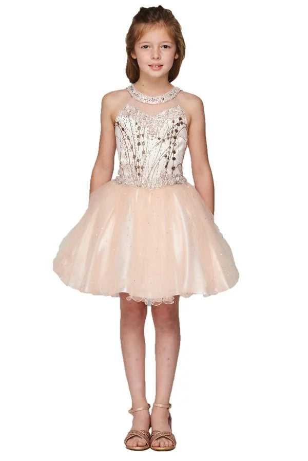 Girl halter neck rhinestone party tulle dress