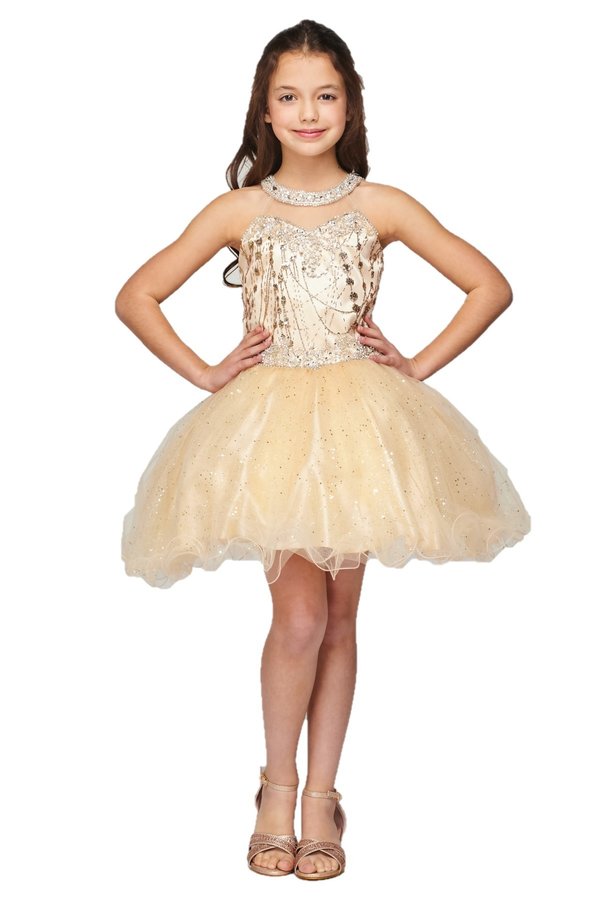 Girl halter neck rhinestone party tulle dress