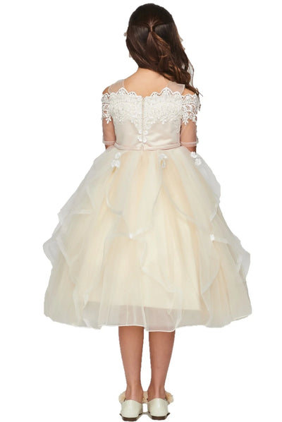 Flower girl elegant off shoulder dress with rhinestone and pearled lace sleeve