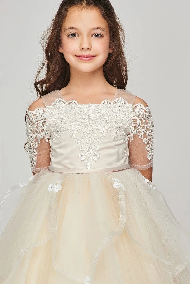 Flower girl elegant off shoulder dress with rhinestone and pearled lace sleeve