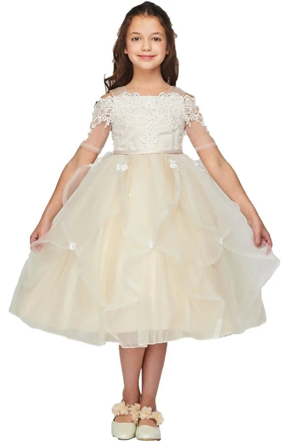 Flower girl elegant off shoulder dress with rhinestone and pearled lace sleeve