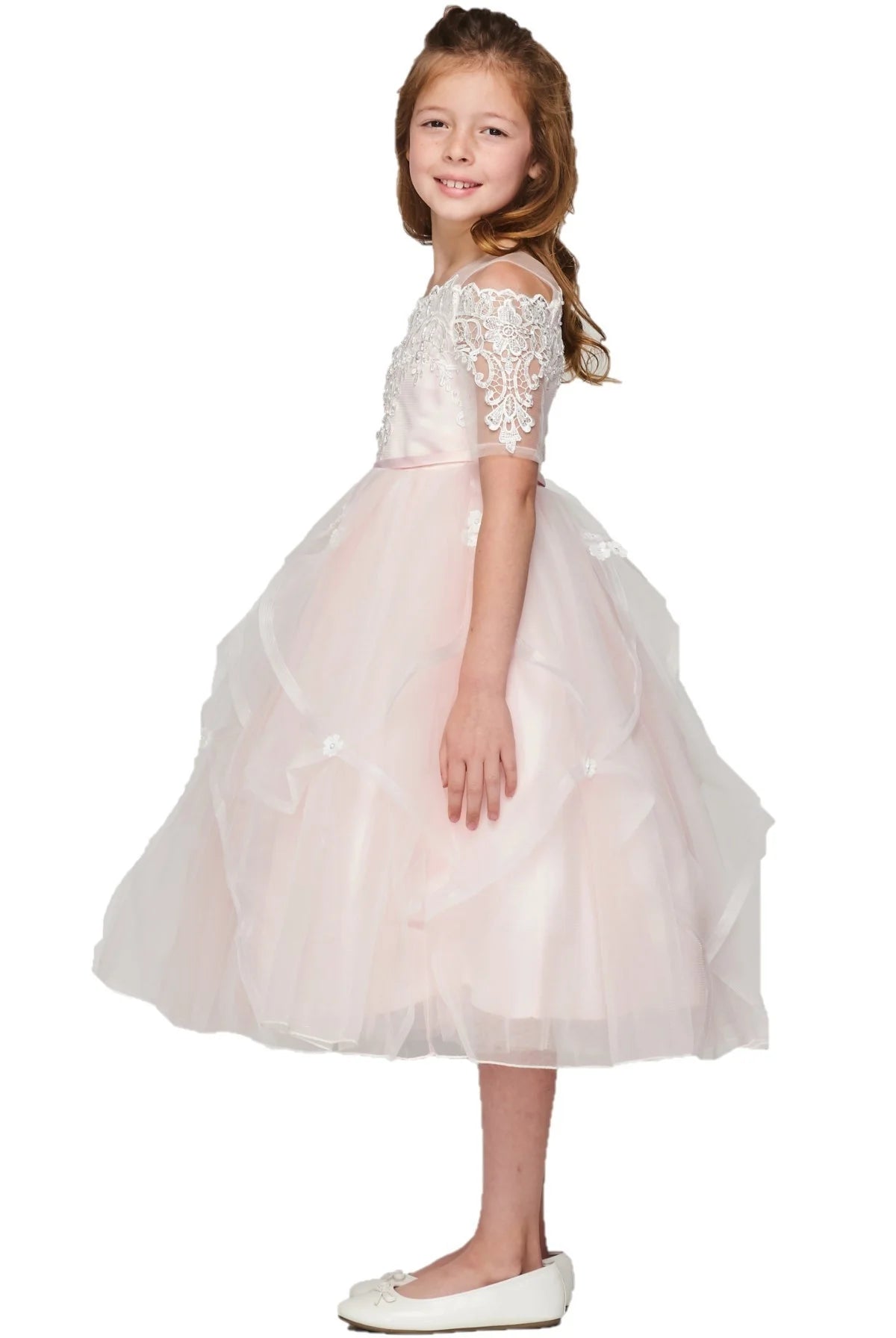 Flower girl elegant off shoulder dress with rhinestone and pearled lace sleeve