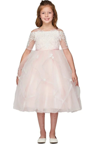 Flower girl elegant off shoulder dress with rhinestone and pearled lace sleeve