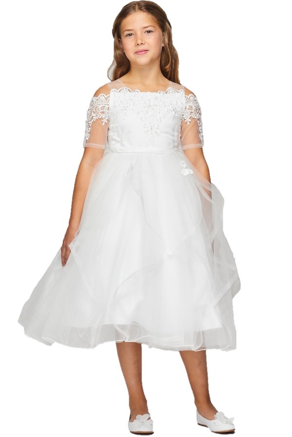 Flower girl elegant off shoulder dress with rhinestone and pearled lace sleeve