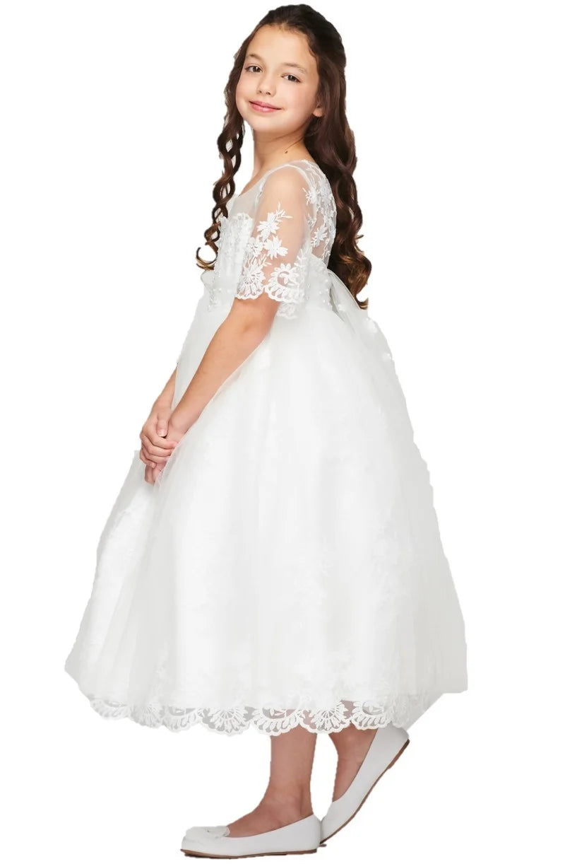 Girl white dress with elegant antique lace half sleeve T-length dress with beautiful lace tail