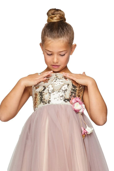 Flower girl elegant cute sequin tulle dress with beautiful corsage