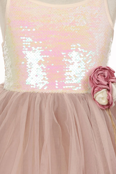 Flower girl elegant cute sequin tulle dress with beautiful corsage