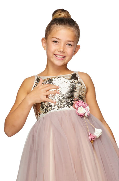 Flower girl elegant cute sequin tulle dress with beautiful corsage