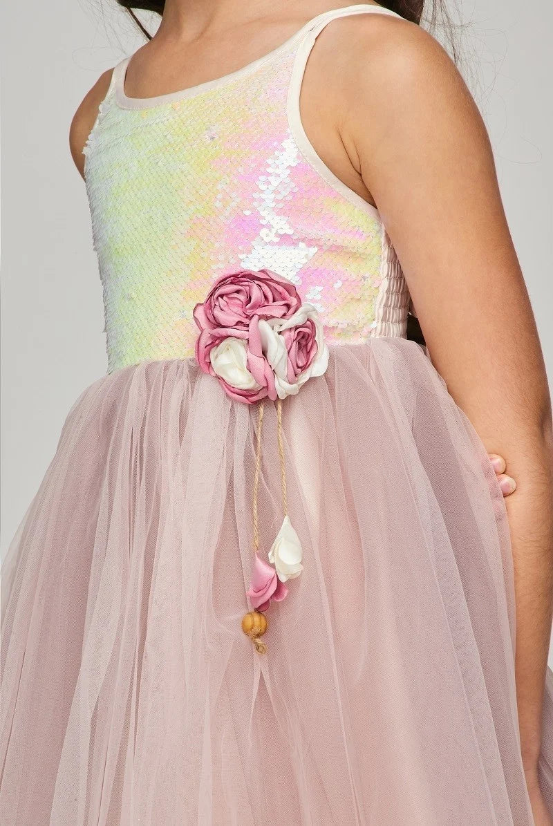 Flower girl elegant cute sequin tulle dress with beautiful corsage