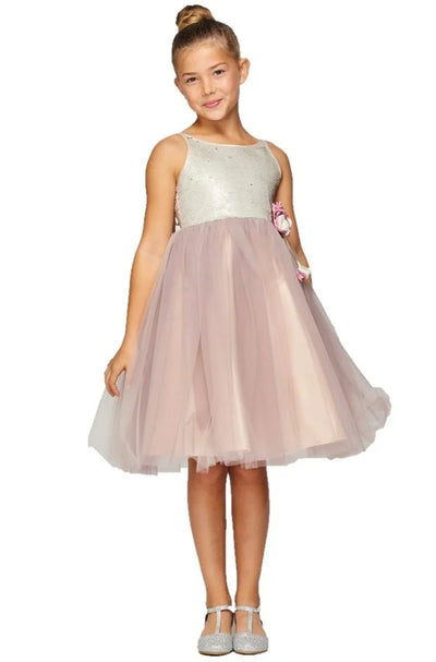 Flower girl elegant cute sequin tulle dress with beautiful corsage