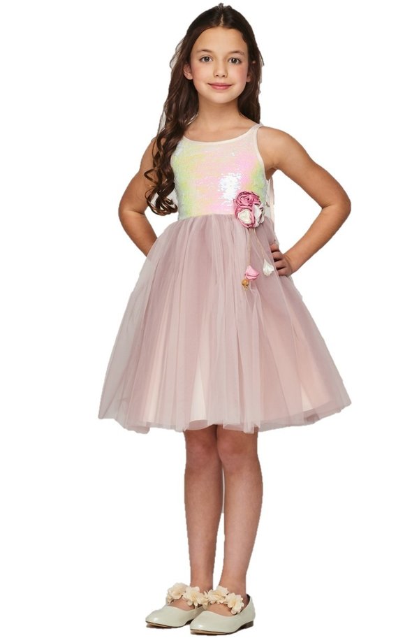 Flower girl elegant cute sequin tulle dress with beautiful corsage