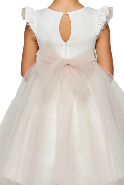 Flower girl elegant two tone with ruffled sleeve tulle dress with flower corsage