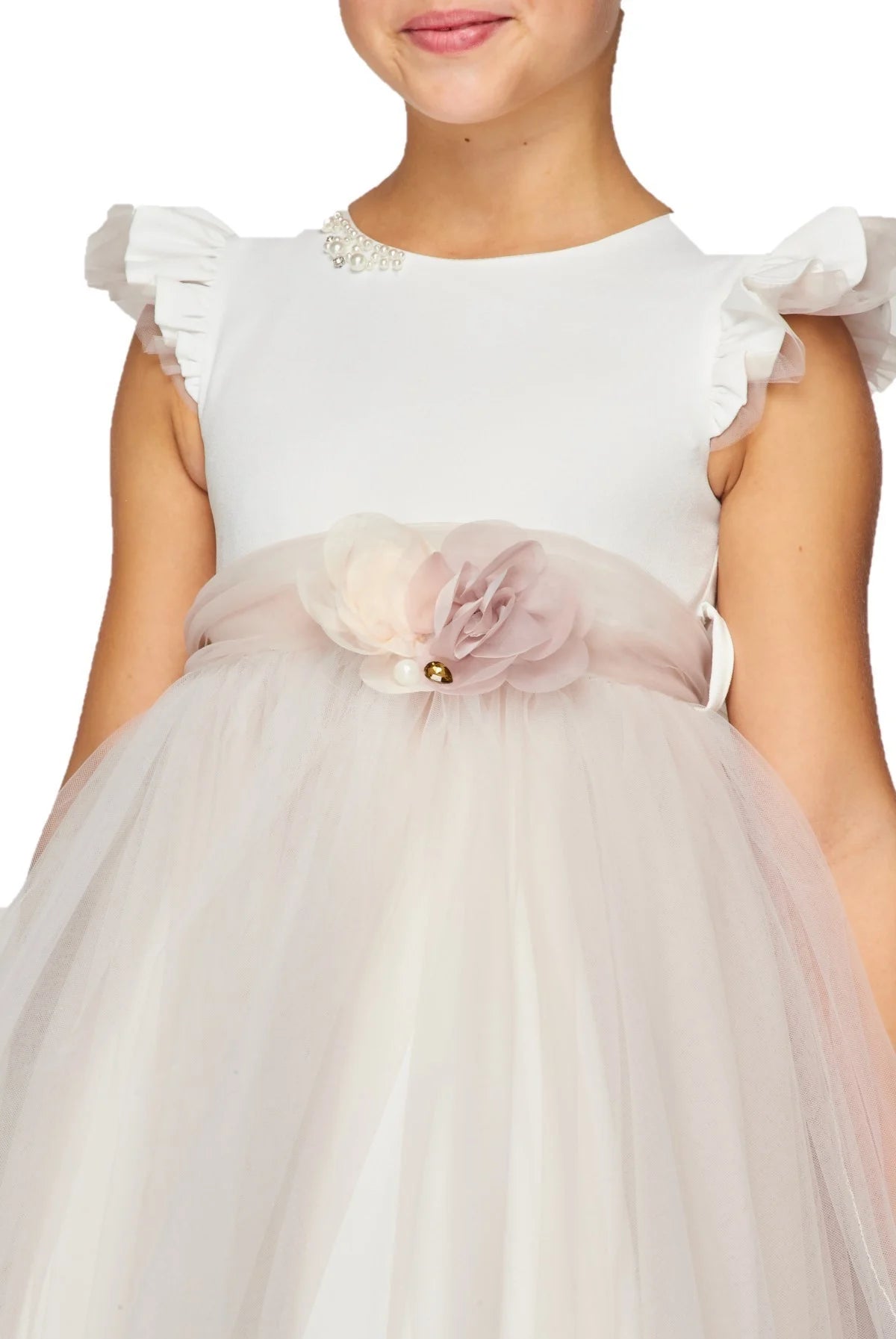 Flower girl elegant two tone with ruffled sleeve tulle dress with flower corsage