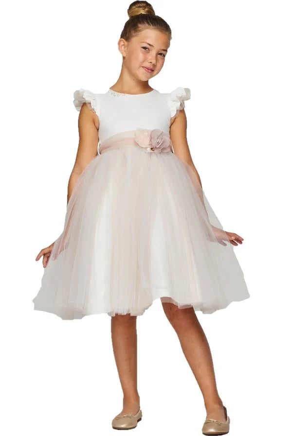 Flower girl elegant two tone with ruffled sleeve tulle dress with flower corsage