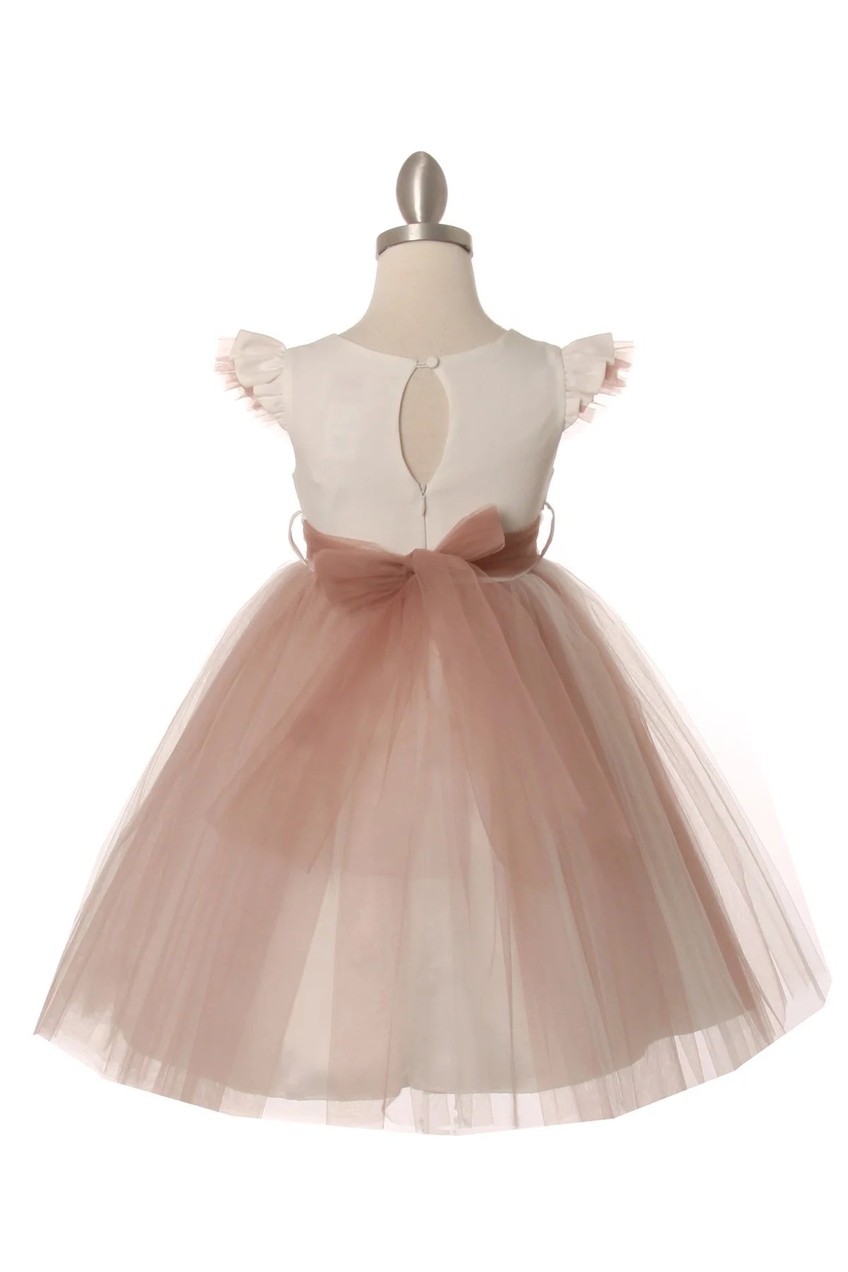 Flower girl elegant two tone with ruffled sleeve tulle dress with flower corsage