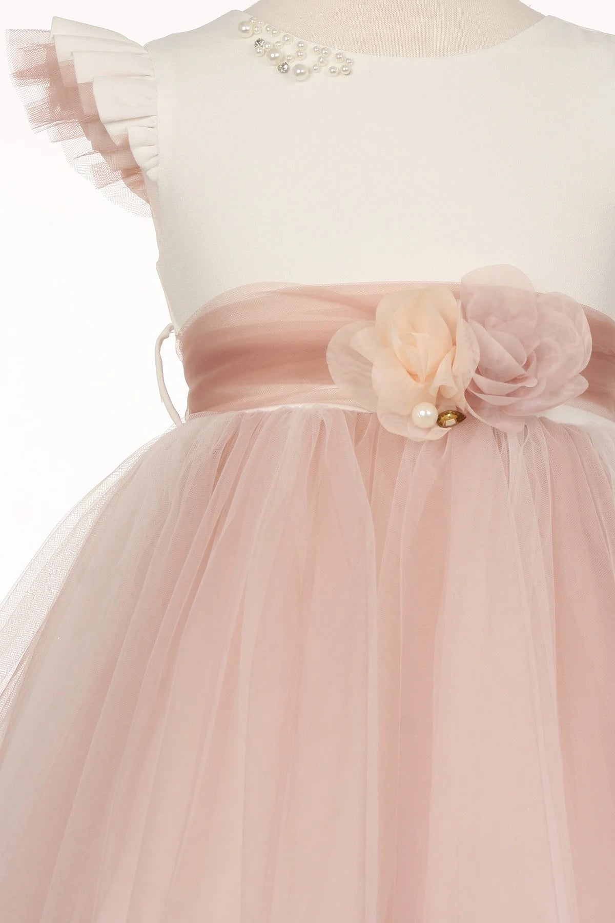 Flower girl elegant two tone with ruffled sleeve tulle dress with flower corsage