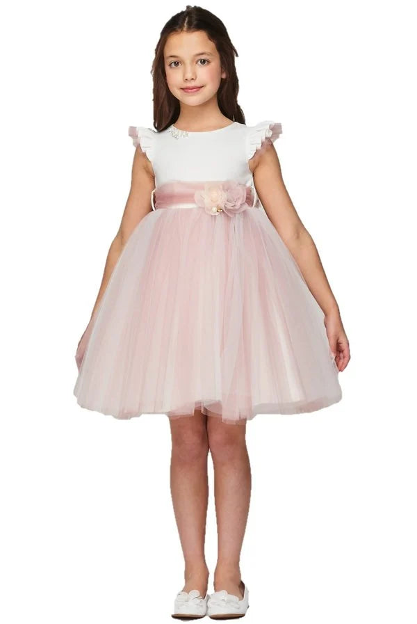 Flower girl elegant two tone with ruffled sleeve tulle dress with flower corsage