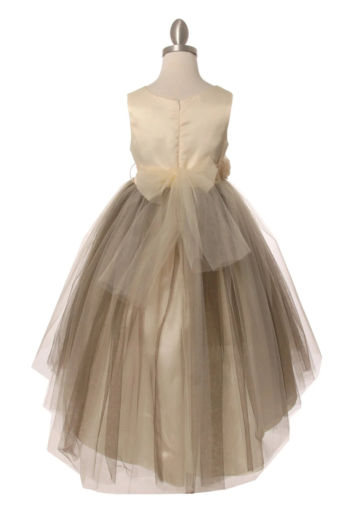 Flower girl dress with elegant two tone dress with stoned flower corsage