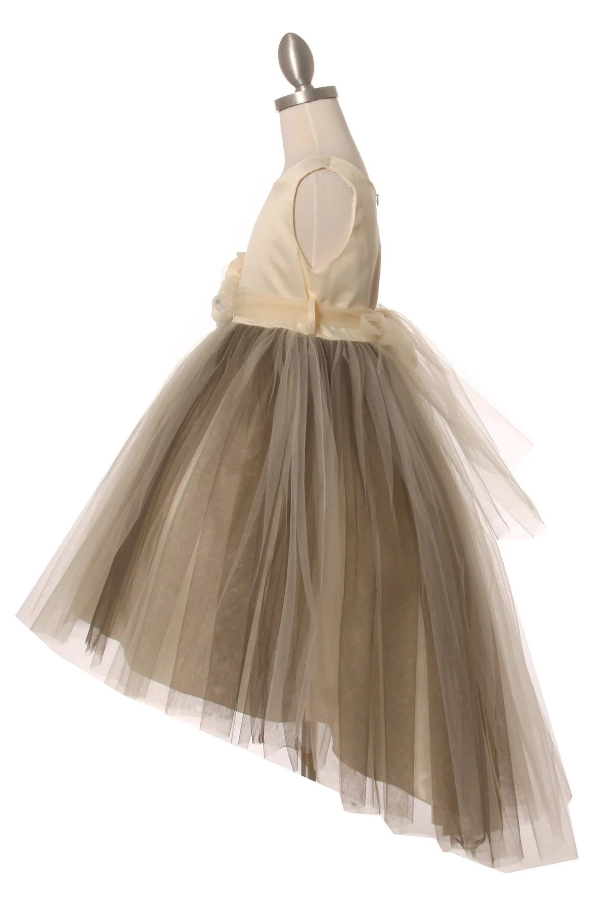 Flower girl dress with elegant two tone dress with stoned flower corsage