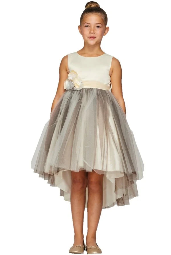 Flower girl dress with elegant two tone dress with stoned flower corsage