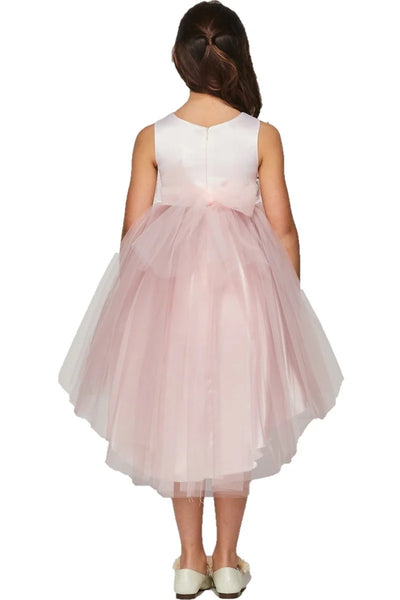 Flower girl dress with elegant two tone dress with stoned flower corsage