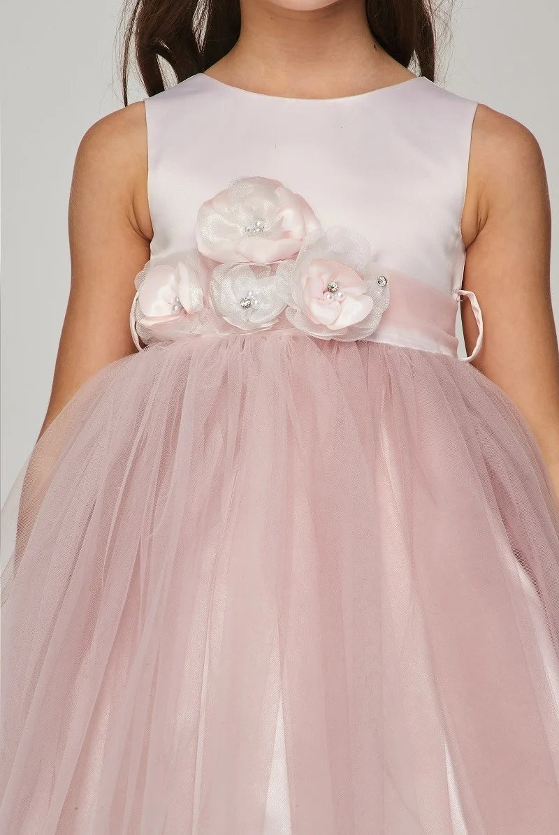 Flower girl dress with elegant two tone dress with stoned flower corsage