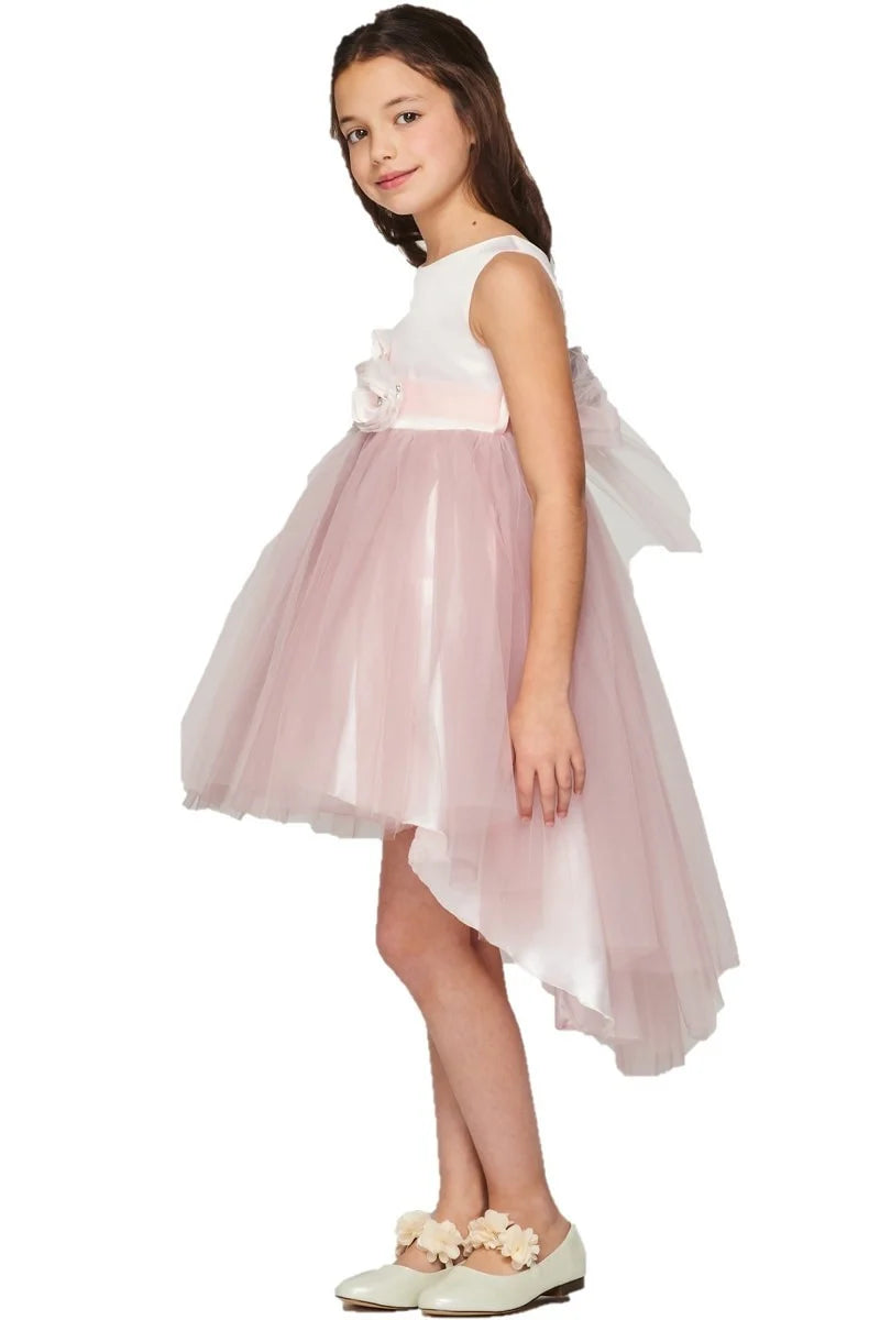 Flower girl dress with elegant two tone dress with stoned flower corsage