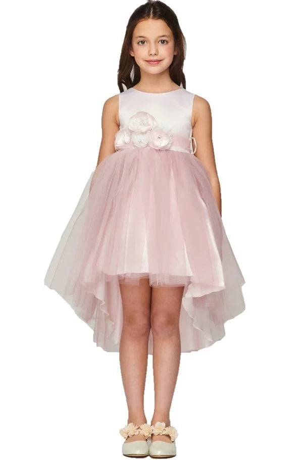 Flower girl dress with elegant two tone dress with stoned flower corsage