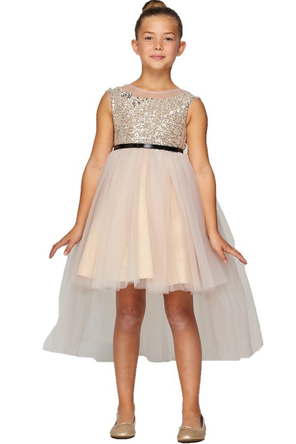 Girl sassy sequin hi low dress with flowers and two tone rhinestones and pearls