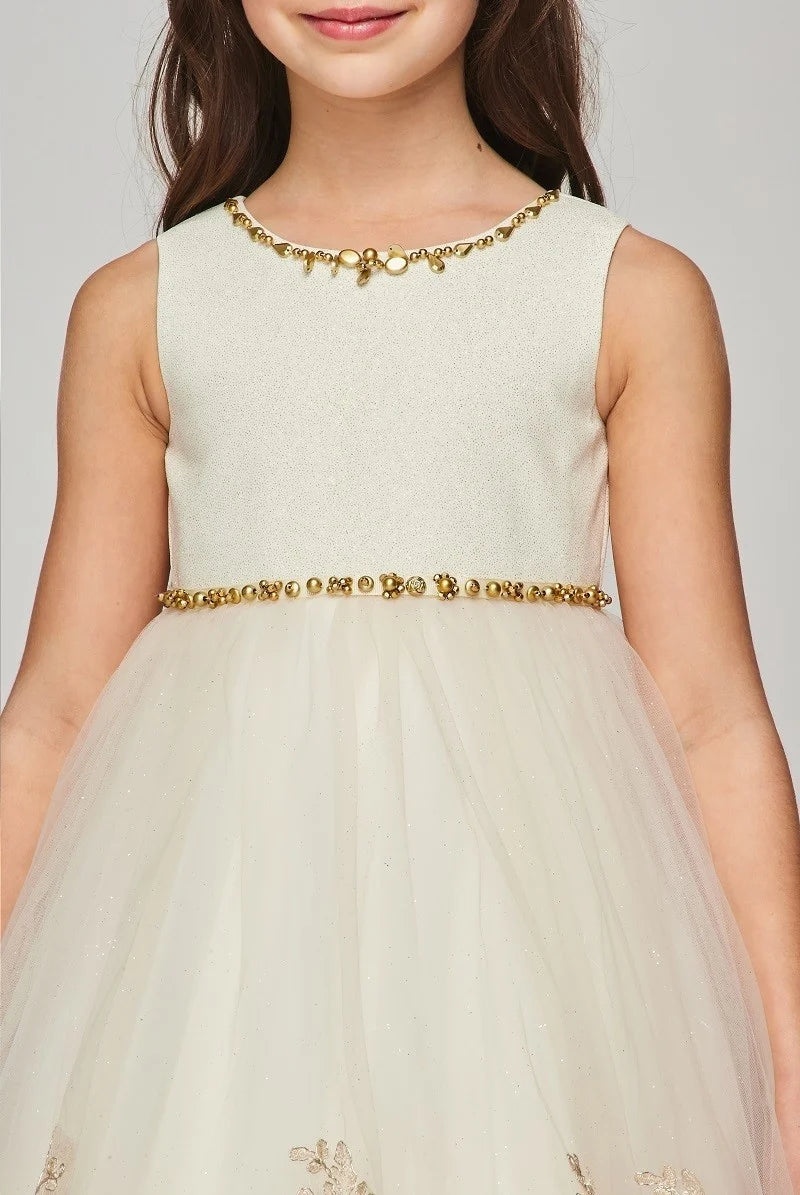 Girl Elegant shiny metallic gold trim flower girl dress with hand crafted matte colored stones accented on neckline and waistline