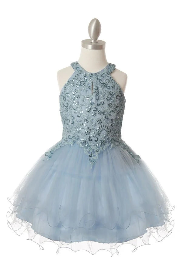 Girl dazzling halter neck rhinestone party tulle dress