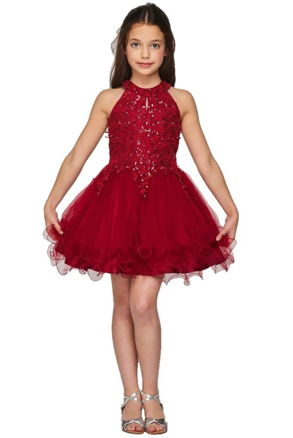 Girl dazzling halter neck rhinestone party tulle dress