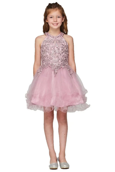 Girl dazzling halter neck rhinestone party tulle dress