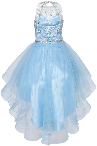 Girl party dress with halter neckline with pearls and jewel beaded flower lace skirt