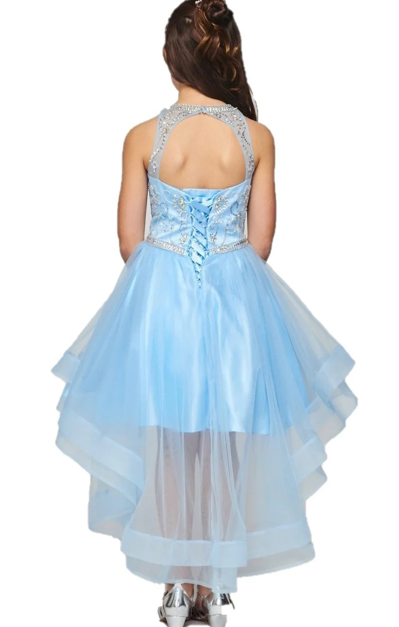 Girl party dress with halter neckline with pearls and jewel beaded flower lace skirt