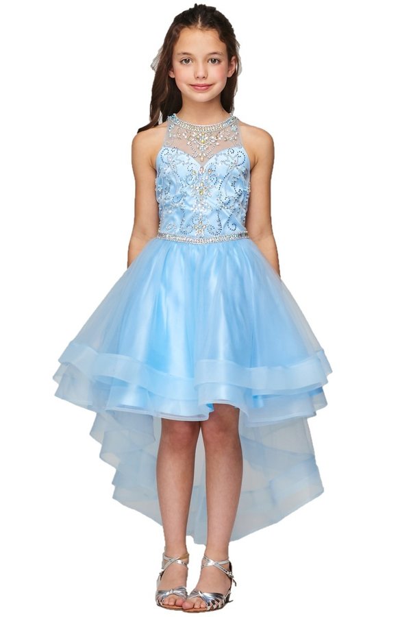 Girl party dress with halter neckline with pearls and jewel beaded flower lace skirt