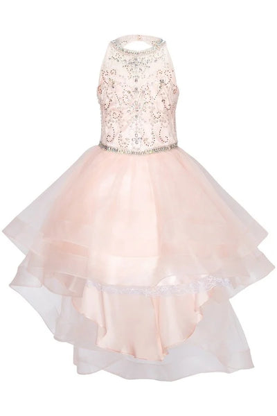 Girl party dress with halter neckline with pearls and jewel beaded flower lace skirt