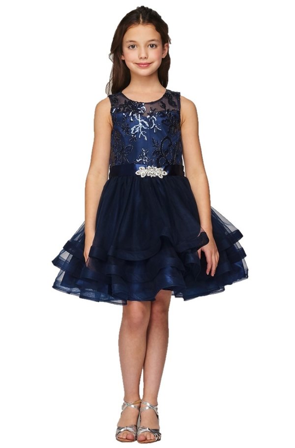 Girl sequin lace dress with rhinestone broach wait and super fluffy triple layer tulle skirt